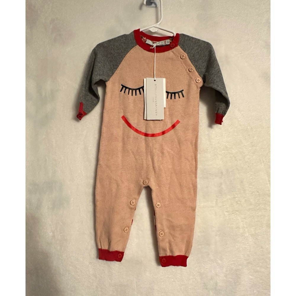 Stella McCartney Kids Knit Striped Smiley Coverall 6M Pink Gray Red